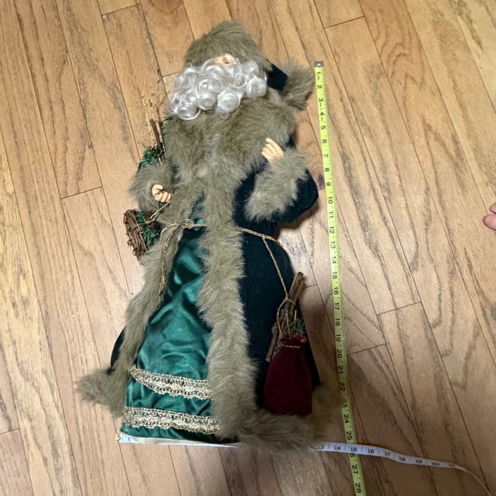 Vintage Old World Santa Father Christmas Woodland Green Coat Folk 25x14 Art - Picture 9 of 10